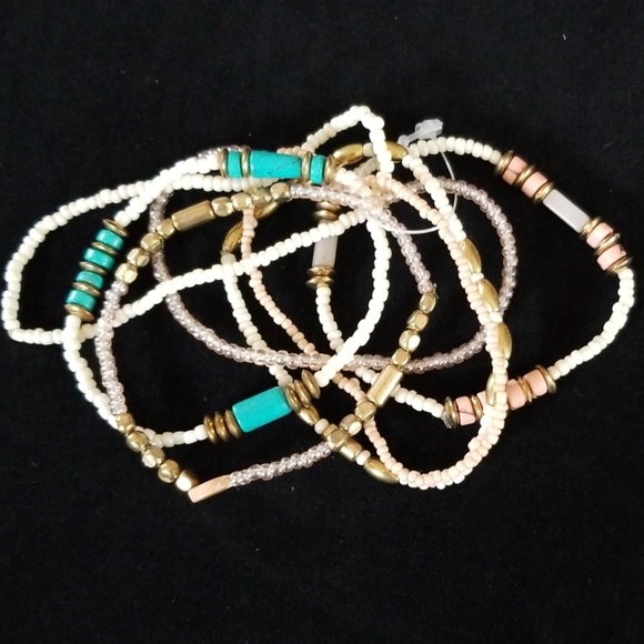 Vintage Boho Turquoise Coral Goldtone Beaded Stackable Stretch Bracelet Set - Picture 8 of 16